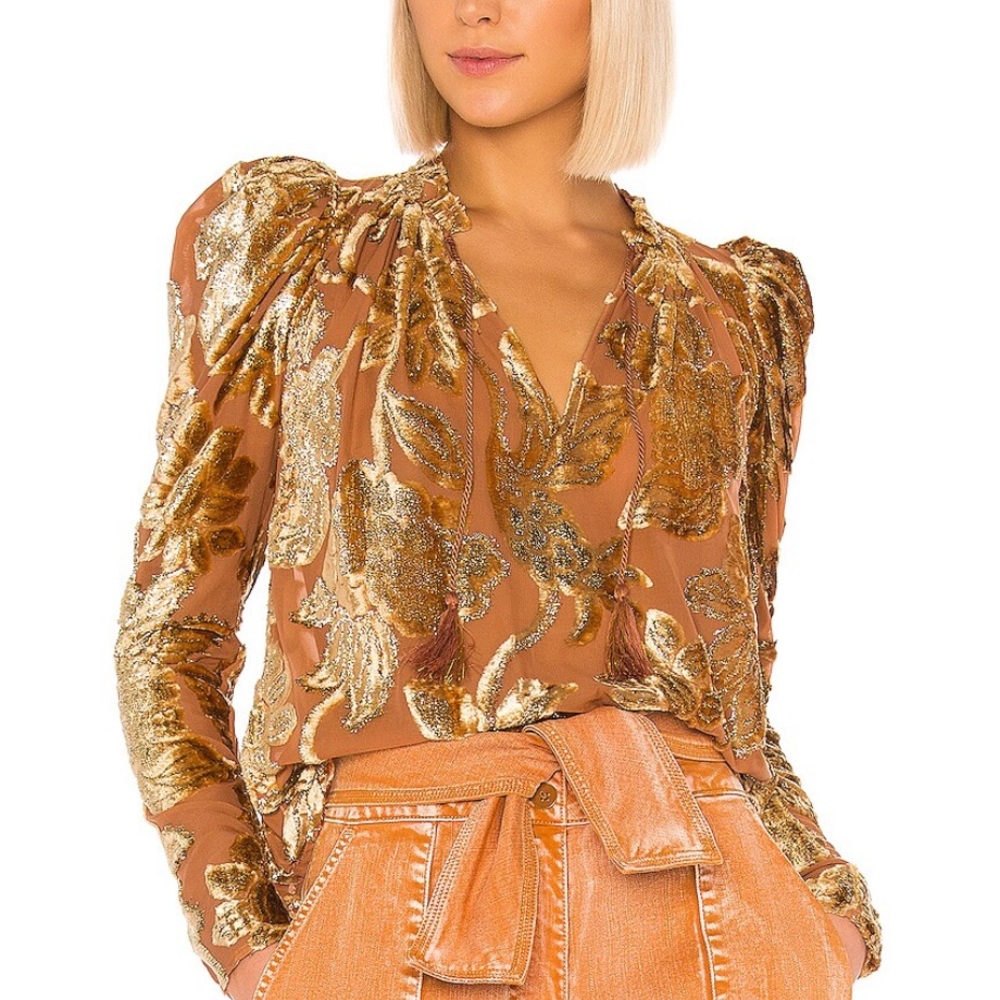 Ulla Johnson Gold Floral Velvet Burnout Blouse on Rust